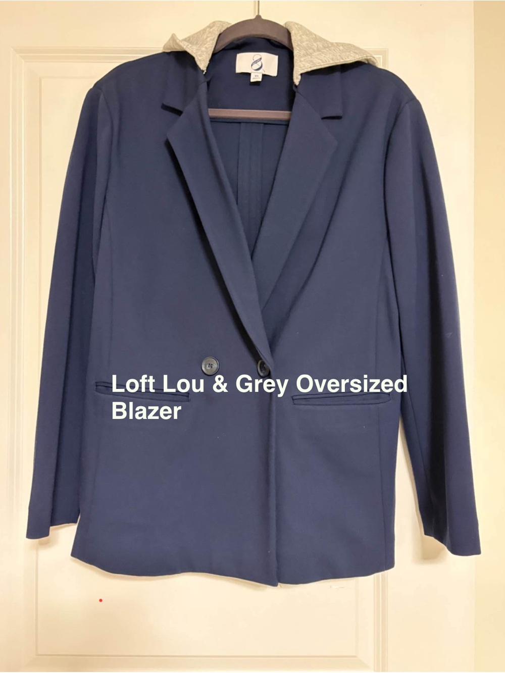 LOFT Navy Blue Oversized Blazer with Gray Hooded Lining